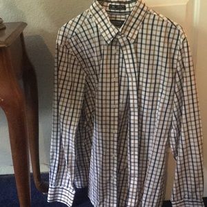 White, tan, blue plaid dress shirt